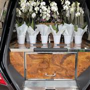 Bespoke coffin spray surrounded with keepsake orchid plants