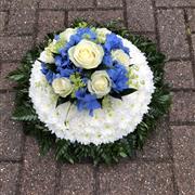 Blue And White funeral Posy Foliage Edge