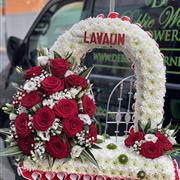 Red and White Gates Of Heaven Funeral Tribute