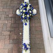5ft Cross Funeral Tribute  with Blue Roses